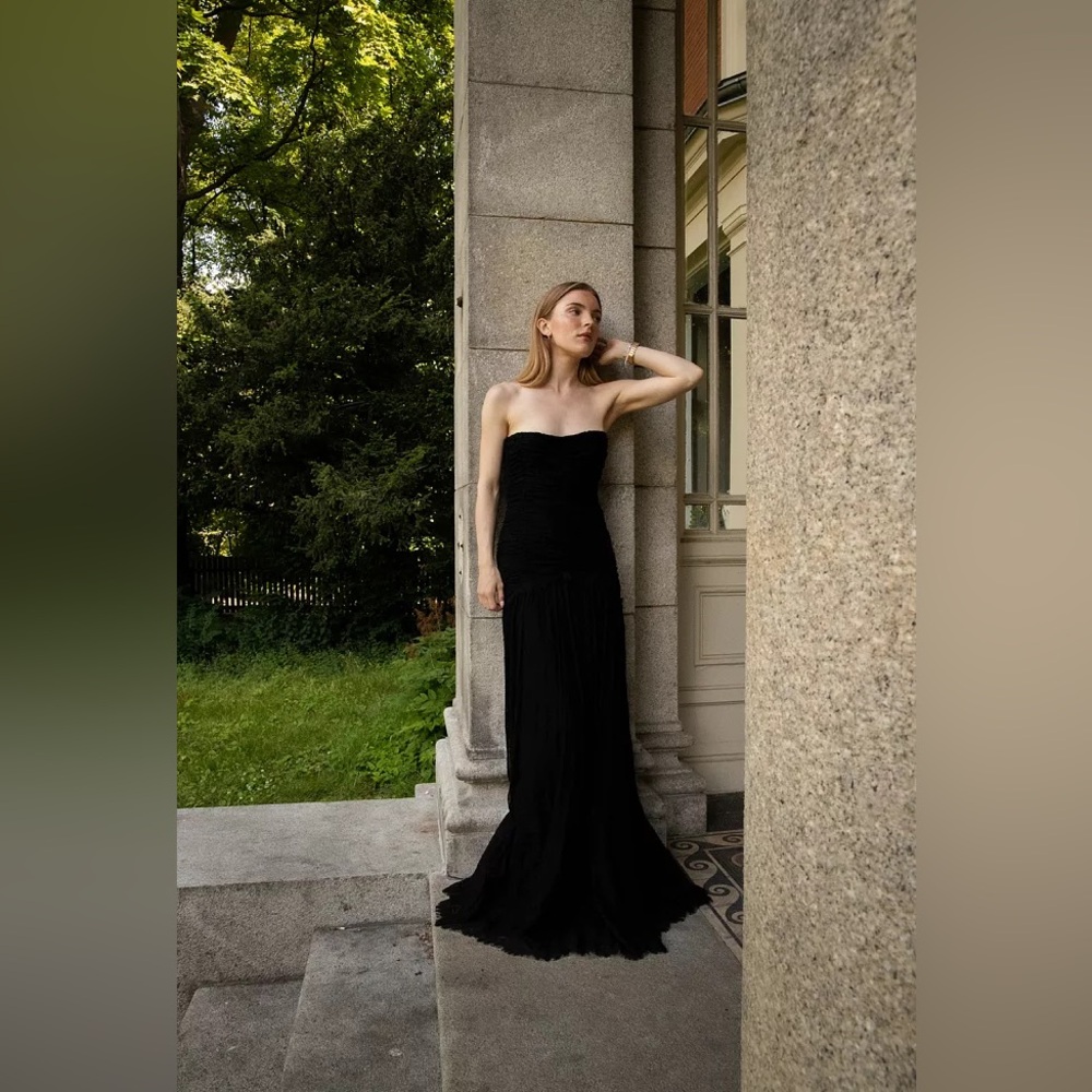 $650 MRSP | byTiMo - Lace Rouching Gown | Black | NWT | M